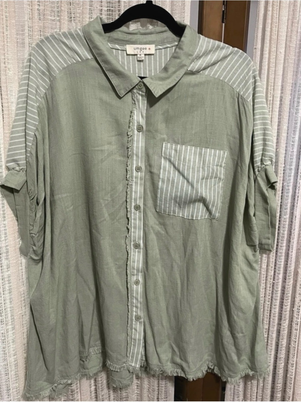 Umgee Linen Sage Green Button-Down Shirt with Striped Accents